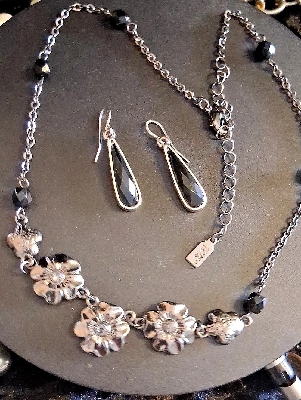 1928 Jewelry Floral Necklace & Drop Earrings in Silver & Black
